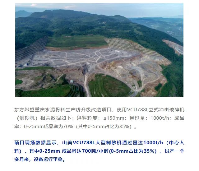 砂石協會報道！上海山美大進料、大產量立式沖擊破碎機（制砂機）成功用于東方希望骨料生產線升級改造項目！
